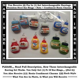 6/$10 Condiment Nutella Mustard Interchangeable Charm Earrings-6 Pairs in Set